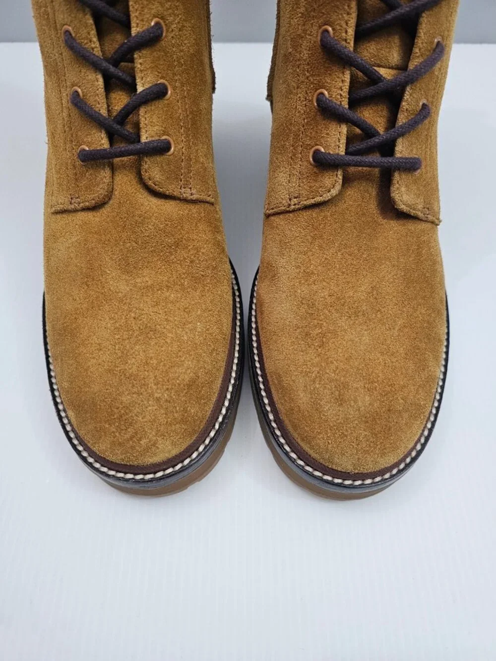 Tory Burch Miller 50mm Lug Sole Bootie Womens 9.5 Tan Suede Lace Up Combat NEW